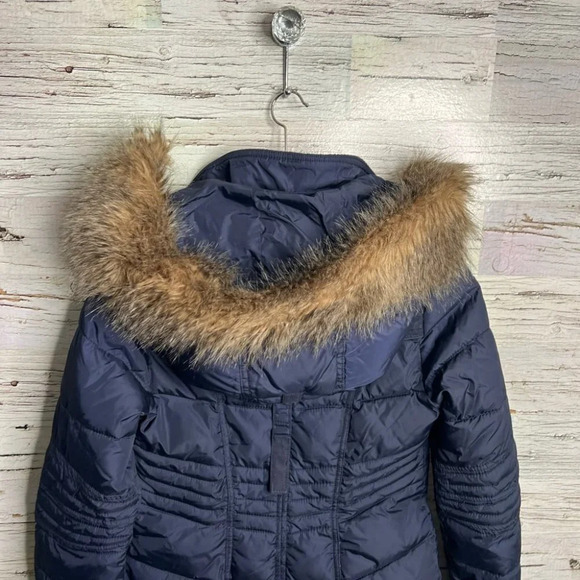 Navy Khujo Winter Parka Jacket size small blue puffer faux fur - Picture 9 of 9
